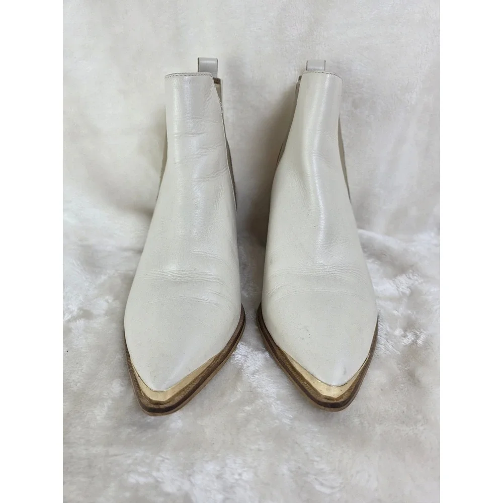 White Leather Pointed Toe Ankle Boots Western Block Heel Bootie‎ Women's Size 39